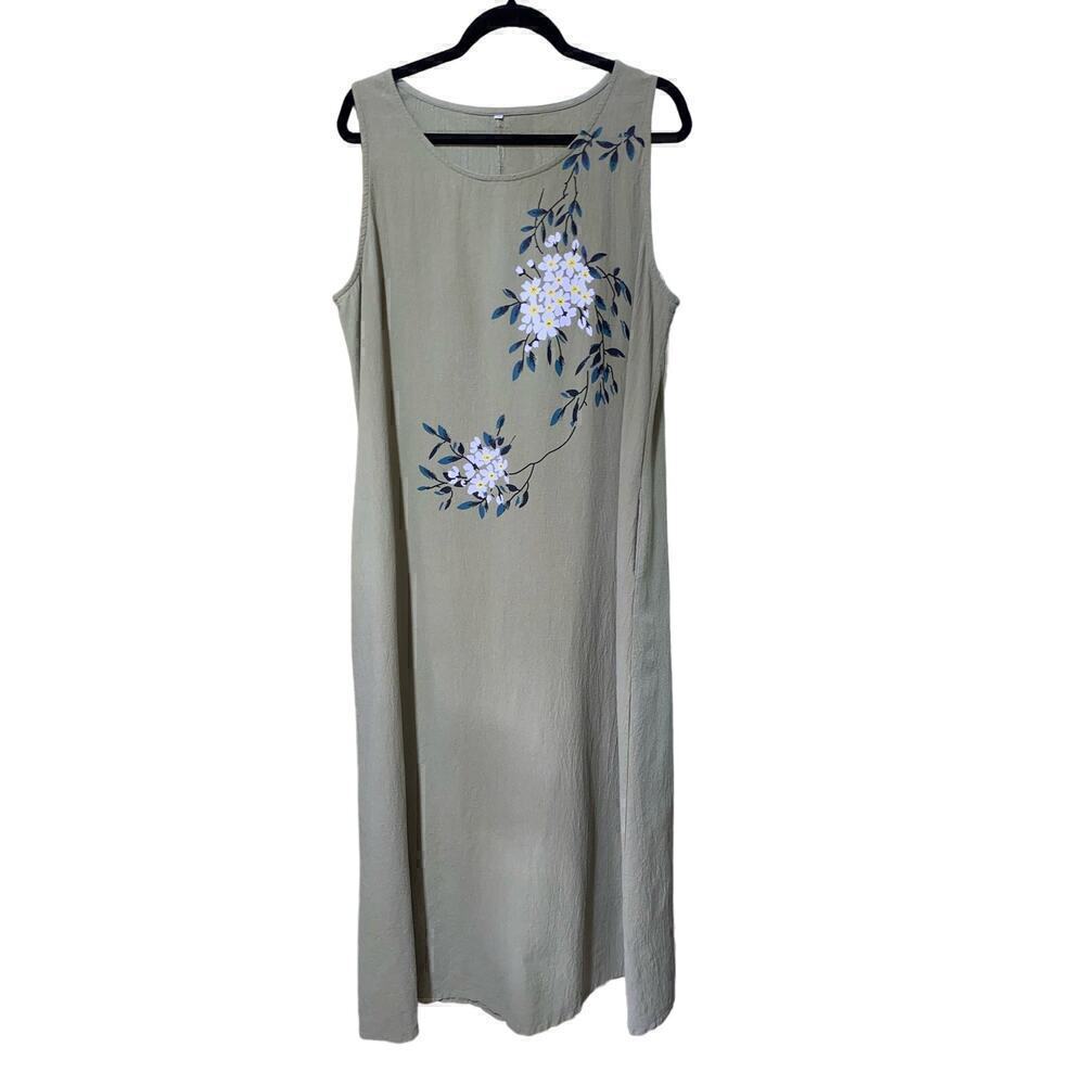 Long sleeveless green crinkle‎ gauze dress w/beautiful paintd floral desig…